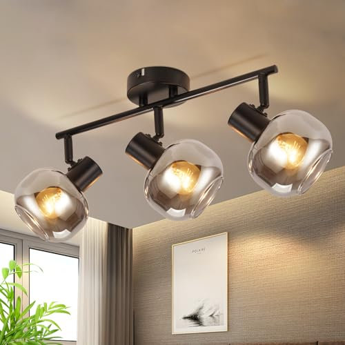 CBJKTX Deckenlampe Schwarz Deckenstrahler 3 Flammig - Glas Modern Deckenspots 350° Schwenkbar Deckenleuchte E14 Strahler küchenlampe für Flur Küche Wohnzimmer Schlafzimmer(Rauchgrau )