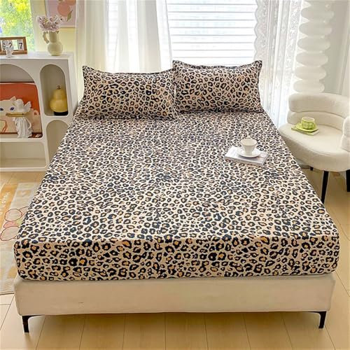 Surwin King Double Single Fitted Sheets, Plant Pattern Print Soft Microfibre Fitted Bed Sheets, 25cm Deep Pocket Fitted Sheet, Anti-Slip Many Sizes Bedsheets (Leopard Print,150x200+25cm)