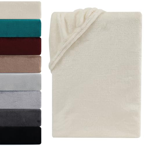 Visaggio Cashmere Touch Plüsch Spannbettlaken Premium Flauschiges Winter Nicky Teddyplüsch Spannbetttuch Bettlaken 90x200-100x200 cm Beige Ecru Natur