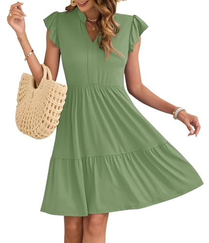 AUSELILY Damen Sommerkleid V-Ausschnitt Kleider Rüschen Ärmel Minikleid Elastische Taille Freizeitkleid mit Taschen Olivgrün XL