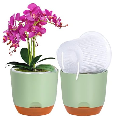 QCQHDU 2Pack orchid pots,5.8In large self watering orchid plant pots indoor, Clear Plastic Pots with Holes and Detachable Water Reservoir(green)