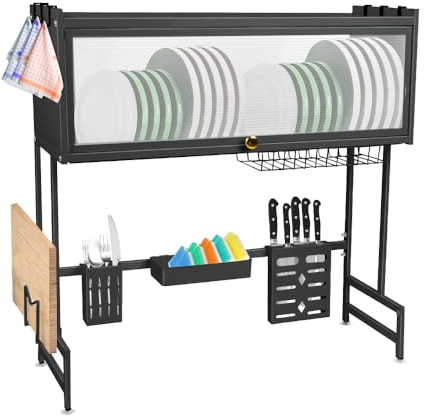 OHMG Égouttoir à Vaisselle au-Dessus de l'évier à 2 Niveaux Antirouille avec Porte-ustensiles et Support pour Planche à découper pour Rangement et Organisation de Cuisine