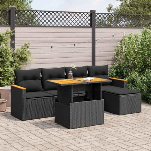 Gecheer 6-TLG. Gartenlounge Set, Balkonlounge, Balkonsofa, Gartengarnitur, Sitzgruppe Garten, Gartensofa, Terrassensofa, Kissen, Schwarz Poly Rattan- 3327471DE