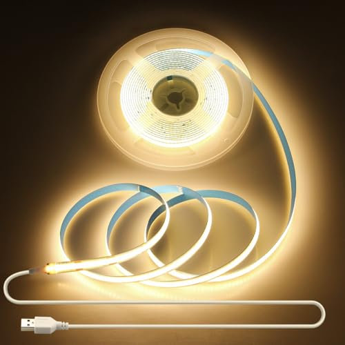 Aclorol 5V COB LED Streifen Warmweiß 3000K Flexible LED Streifen mit USB Anschluss 3M 960LEDs 8mm Breit Lichtleiste mit Selbstklebend für TV Hintergrundbeleuchtung unter Küchenschränkeng Wohnzimmer