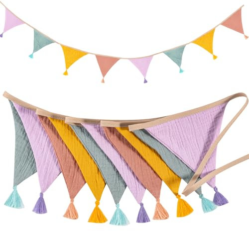 Girlande Wimpelkette Kinderzimmer, 2.6m Musselin Baumwolle Stoff Wimpelkette mit Quasten, Babyzimmer Deko Wimpel, Wetterfest Wimpelkette Outdoor Kinderzimmer für Mädchen und Junge (C)