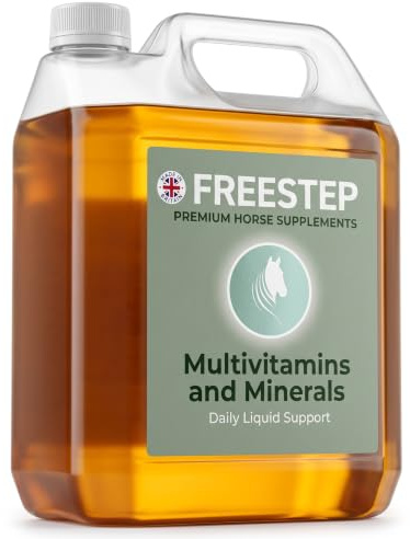 Freestep MultiMinerals Liquid Horse Balancer, Equine Multivitamin Low Sugar | Apple cider vinegar & dandelion blend. Daily vitamins and mineral supplement for horses on restricted, sugar-aware diets.