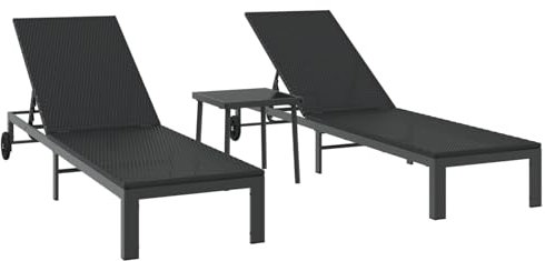 vidaXL Sonnenliege 2-Person 3 pcs Schwarz Poly-Rattan, Garten und Terrasse, moderner Outdoor-Lounger, bequemer Liegesessel, verstellbare Rückenlehne, wetterfest