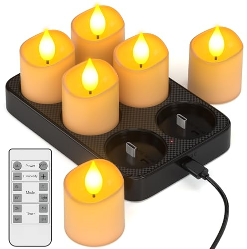 Yme Rechargeable Tea Lights Candles with Charing Station, 6 Pack Battery Operated LED Flameless Votive Candles with Remote Timer for Halloween Christmas Party Home Room Decor