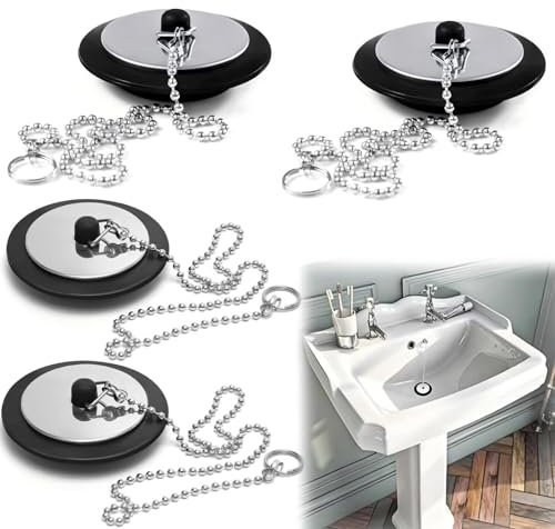 4Pcs Universal Bath Plug Replacement, kitchen Sink Plug with Chain Bathroom Sink Plugs Replacement, Drain Stopper for Bathroom Kitchen Bathtub, (Range 40 MM to 45 MM Chain 40CM)