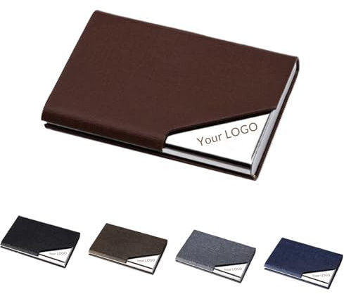 Jishiletao Porte-cartes de visite personnalisé en cuir PU et acier inoxydable pour homme et femme avec logo gravé et personnalisation du nom, marron, Moderne