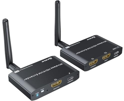 YOUTINGHDAV HDMI KVM Transmisor y receptor inalámbrico 200M/660FT, HDMI USB KVM Extender 1 PC 2 monitores divididos ratón y teclado, Loop Out, 1080P @ 60Hz, con 2 cables USB