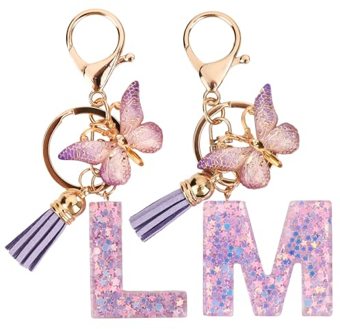 Lot de 2 porte-clés avec lettres, porte-clés L et pendentif clé M - Cadeaux personnalisés pour fille - Pendentif papillon - Cartable fille - Cadeau d'anniversaire (violet)