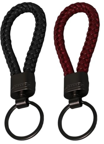 SiumPklay 2Pcs Key Rings, Leather Keyrings for Women and Men Leather Key Fobs Holder Metal Key Fob Durable Key Rings for Car Home Office Bags Wallets (Black & Deep Red)