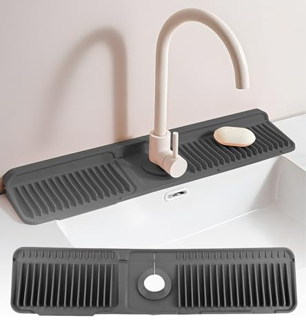 Dophee Kitchen Sink Water Splash Guard, 24 inch Silicone Faucet Mat Handle Drip Catcher Tray Behind Faucet with Snap Button, Longer Sink Protectors for Kitchen Sink Sponge Holder, Black