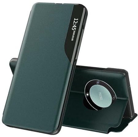 Techsuit für Honor Magic5 Lite Klapphülle mit Kartenfach, Standfunktion, Smart View Fenster, Kameraschutz, Kratzfest, eFold Series, PU Leder, Dunkelgrün