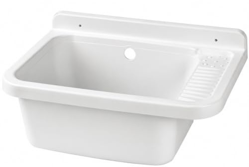 Schläfer 9610101- Pilozzo a Parete in Resina Bianco 50x35x24 cm con sifone di Scarico e Piletta, Lavatoio Lavapanni per Interno ed Esterno, Lavello Resistente agli acidi di uso comune