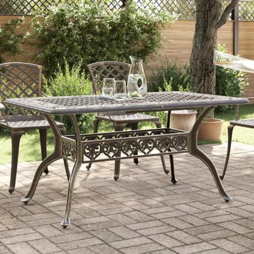 MinoLiving Gartentisch Bronzen 150x90x72 cm Aluminiumguss wetterfester Terrassentisch mit Schirmloch für Balkon, Garten, Veranda, Outdoor, Camping, Picknick, Stabiler, pflegeleichter Esstisch