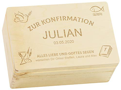 LAUBLUST Holzkiste zur Konfirmation - Personalisiert mit Datum, Name, Widmung - Kirchen Symbole | M - ca. 30 x 20 x 14 cm - Geschenkkiste Personalisiert mit Gravur, FSC®