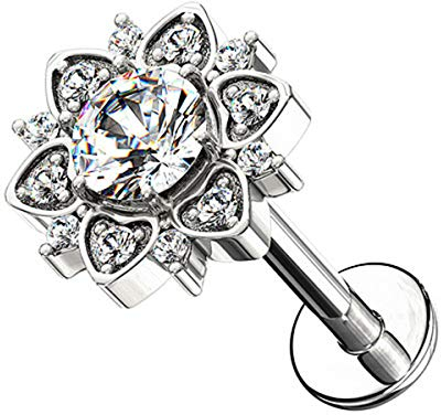 Piercingfaktor Universal Piercing Tragus Helix Ohr Cartilage Stab Labret Stecker Madonna Lippenpiercing Lippe mit Kristall Blume Silber 8mm