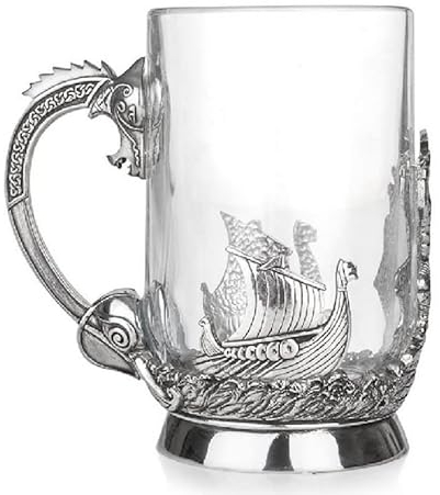Stunning Pewter and Glass Pint Tankard Featuring a Viking and Longship with Serpent Handle