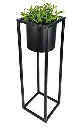 Spetebo Metall Blumentopfständer in schwarz - Eckiger Ständer mit schwarzem, rundem Topf - 50 cm - Blumentopfhalter mit Topf - Planzenständer eckig