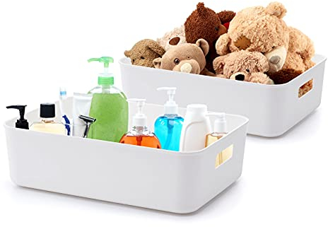BigTron Quality Plastic Storage Boxes Large White Bathroom Storage Baskets, Durable Tidy Organizers for Home Cupboard Cabinet Shelves, Office Bathroom Bedroom Kitchen Pantry, 33 x 23 x 10 cm, Set of 2