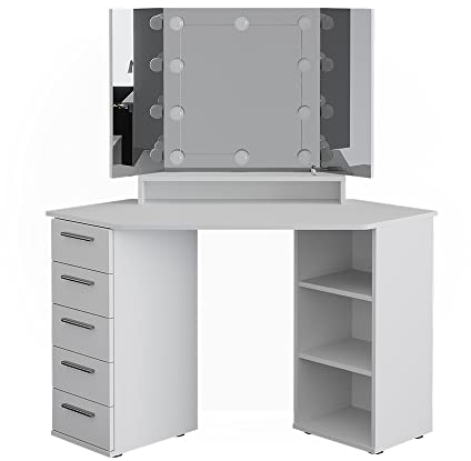 Vicco Frisiertisch für die Ecke Sofia, Weiß, 128 cm mit LED Beleuchtung