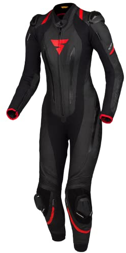 SHIMA MIURA RS Combinaison Moto Femme - Cuir 1 Pièce, Sport, Combinaison de Course, Aérée avec épaulettes & Genouillères, Protections dos, épaules, Coudes, Doubles Coutures Renforcées (Noir/Rouge, 40)