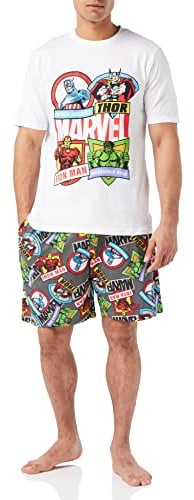 Marvel Mens Comics Pyjamas, T-Shirt and Shorts PJ Set, Incredible Hulk Captain America Spiderman Iron Man Pjs for Men, Official Merchandise, Gifts For Men (S) White