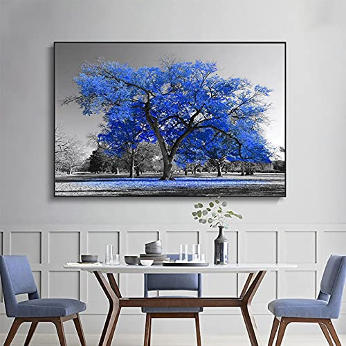 Bleu Vie Arbre Art Impression sur Toile Peinture Noir Et Blanc Paysage Mur Photo Salon Moderne Décoration De La Maison Affiche 80x120cm sans Cadre
