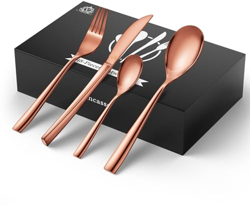 vancasso Besteck Set 12 Personen, Besteck Set 18/10 Rosegold Besteckset mit Messer/Gabel/Löffel/Dessertlöffel, 48-pcs Rose Besteck Poliert mit Geschenkbox, Modernem und Schlichtem Design