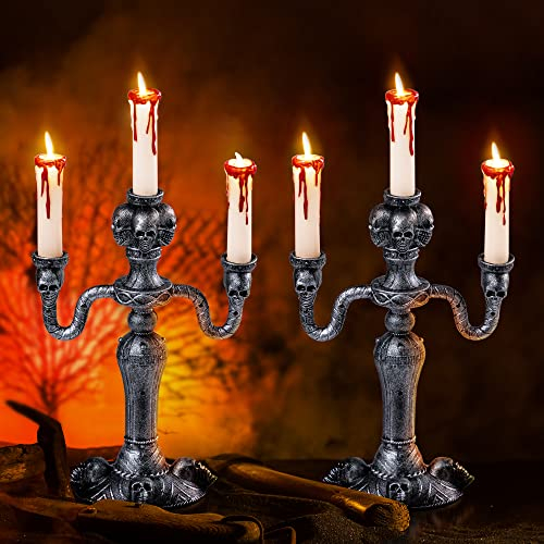 JOYIN 2 Pcs Light Up Haunted Candelabra Prop, LED Candles with 6-Hour Timer, Battery Operated Flickering Lights Candles for Halloween Home Decor Indoor Decoration Halloween Decoration