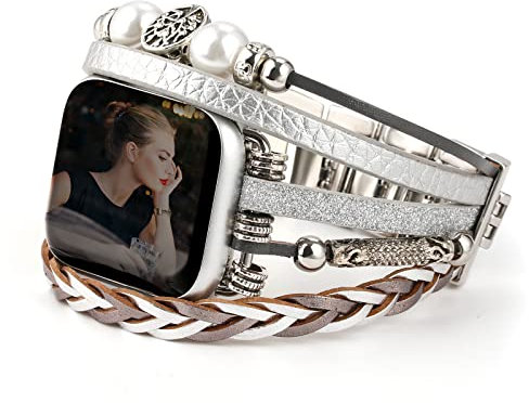 CHARMINGO – Bracelet de montre multicouche style bohème unisexe avec sangles en cuir, compatible avec Apple Watch 38 mm/40 mm/41 mm, Series 9/8/7/6/5/4/3/2/1/SE Ultra 2, argenté