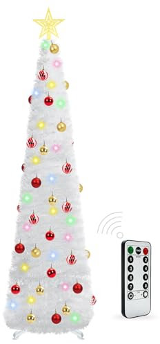 HISFFOG 5 Ft Prelit Tinsel Pop Up Christmas Tree with 50 Remote Color Lights 30 Ball Ornaments Star Battery Operated Pencil Artificial Slim Tree Xmas Decoration Home Party Indoor Outdoor (White)