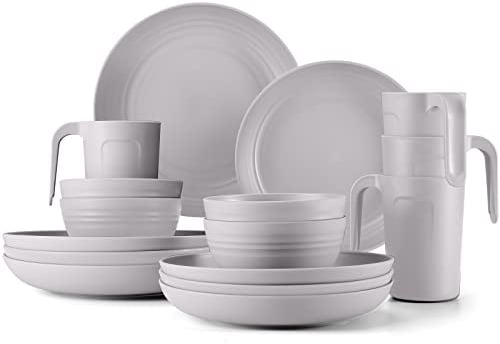 Odoland Lightweight Unbreakable Cutlery Sets for 4 People, Microwave and Dishwasher Safe Plates Bowls Mug Kit, Reusable Dinnerware with Cutlery, for Camping, Kitchen Gray