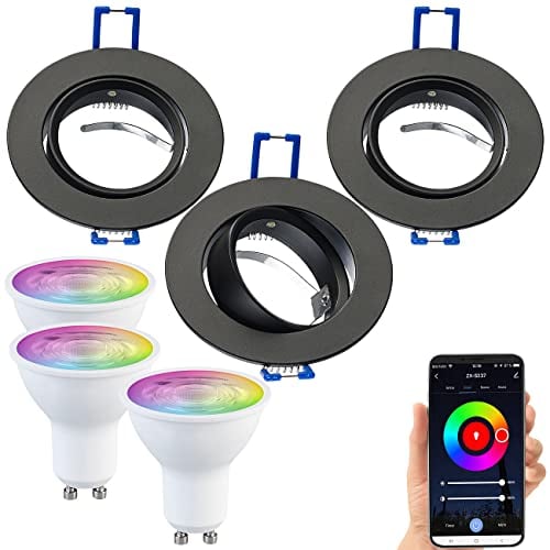 Luminea Spot-Einbaufassung: 3er-Set Alu-Einbaustrahler-Rahmen, schwarz, inkl. ZigBee-LED-Spots (Einbaurahmen für Strahler, Lampensockel)
