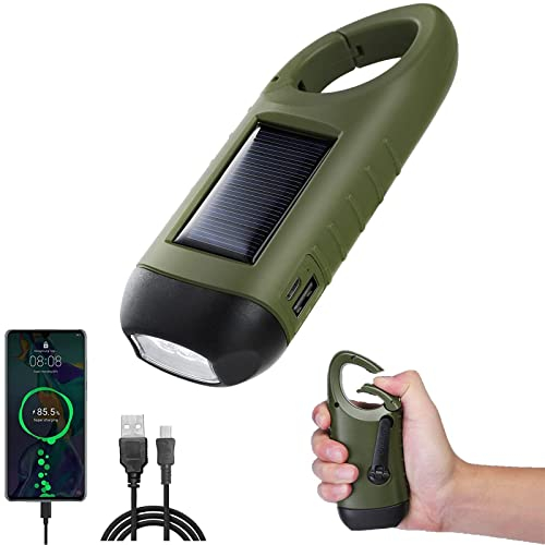 RuiDay Handkurbel Wiederaufladbare Taschenlampe,Dynamo Taschenlampe für Aufladen Telefon,Solar LED Taschenlampe mit Powerbank,Campinglampe mit Wandern Schnalle,Taschenlampen Kurbel für Outdoor