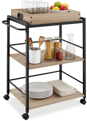 tectake® 3-Tier Drinks Trolley in Industrial Style, Wood-Look Storage Trolley on Wheels with Push Bar, 3 Shelves & Removable Tray, Versatile Storage Cart for Dining Room, Kitchen, Bedroom - Light Wood
