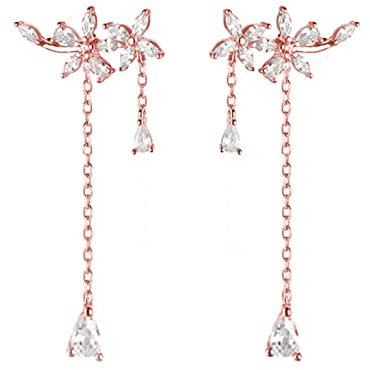 SLUYNZ 925 Sterling Silver CZ Flower Dangle Earrings Chain for Women Crystal Drop Earrings Tassel Elegant Wedding Earrings (B-Rose Gold Plated)