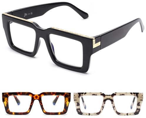 JM Oversized Reading Glasses for Women Men with Spring Hinge, Fashion Square Blue Light Blocking Computer Readers 3 Pack 2.25 (Black + Brown + Grayish White)