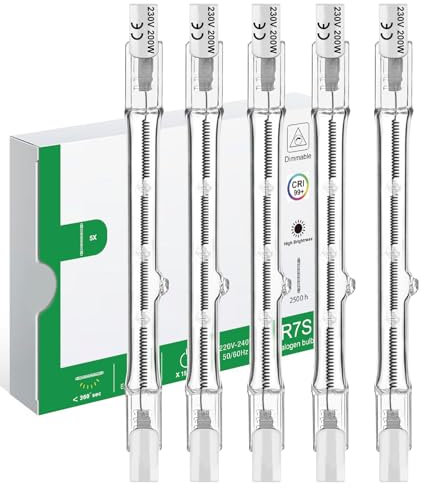 Jaenmsa R7s Halogen Light Bulbs, R7S Bulb 118mm 200W Dimmable, 230V 2000lm Tungsten Linear Light Bulb, 2700K Warm White Floodlight Bulb, J118 Security Light Bulb, ECO 118mm Halogen Bulbs 200W,5 Pack