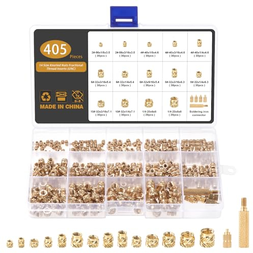 Gueenky 405 Pezzi Dadi Zigrinati in Ottone, 2# 4# 6# 8# 10# 1/4-20 Inserti Filettati Stampa 3D Zigrinati dadi in Ottone, 14 Dimensioni Dadi Filettati Zigrinati, con Punta del Saldatore