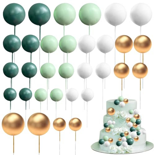 mizikuu Balle Gâteau Topper, 32 Pièces Mini Topper de Gâteau Multifonctionnel Cupcakes Toppers Balle Topper à Gâteau d’Insert DIY pour Gâteau d'anniversaire, Mariage, Fête(Vert Blanc Or)
