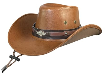 harayaa Western-Cowboy-Hut, Outdoor-Sonnenhut für Herren, modische Jazz-Hüte aus Kunstleder mit Kinnriemen für Club, Bar, Halloween-Festival, braun
