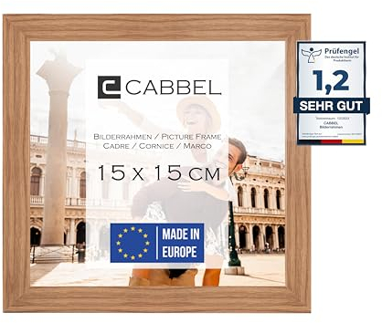 CABBEL Bilderrahmen 15x15 cm, Eiche, stabiles MDF-Holz Rahmen, bruchsicherem Plexi-Glas, zum Aufhängen & Aufstellen, ideal für Fotos/Bilder/Collage