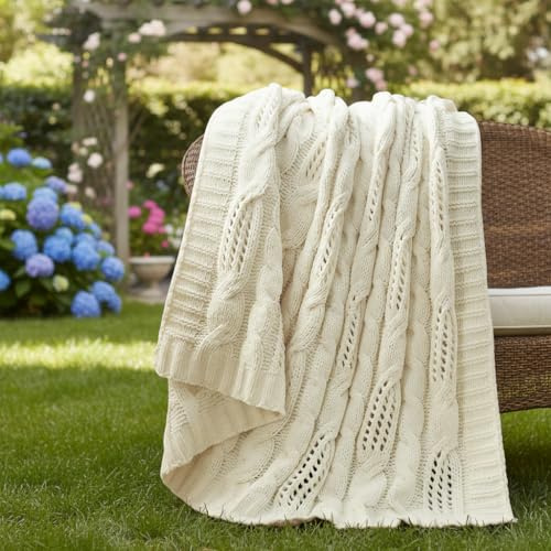 Amélie Home Chunky Knit Throw Blanket, Dual-Sided Soft Chenille Breathable Cable Knitted Blanket for Couch, Farmhouse Decorative Throw for Sofa & Chair, 50x60, Ivory