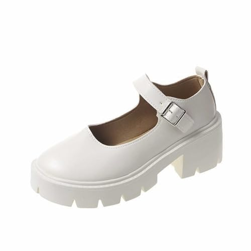 Damen Schuhe Breite Füße H Damen-Mary-Jane-Schuhe, dicke Sohle, Schuhe, Schleife, Perlendekoration, Gothic, süß aussehende Plateauschuhe, Lederdekoration Damenschuhe Sommerschuhe Flach (White, 36)
