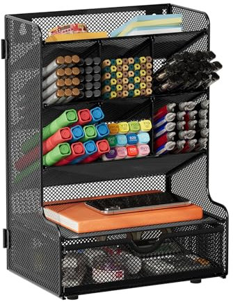 Senhoglb Netz-Stifthalter für den Schreibtisch, multifunktionaler Stifthalter mit Schublade, Schreibtisch-Stift-Organizer, einfache Montage, Wandhalterung, Metallstiftaufbewahrung für Schule, Zuhause