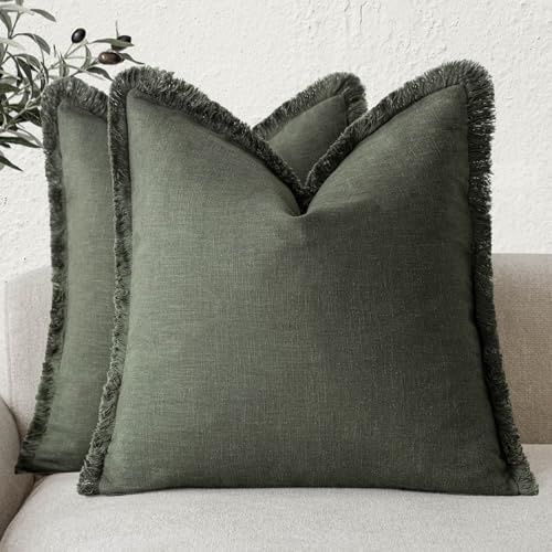 Foindtower Dekorative Leinen-Kissenbezüge, Boho-Stil mit Fransen, Landhaus-Stil, Quasten, Deko-Bezug, Couch, Stuhl, Sofa, Bett, Wohnzimmer, Inneneinrichtung, 2 Stück, 40,6 x 40,6 cm, Dunkles Olivgrün