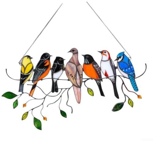 Birds On The Branches Buntglas-Anhänger, Kardinal, Kolibri, Eisvogel, doppelseitig, Glas, Hängedekoration, Vogel-Ornament, Geschenk